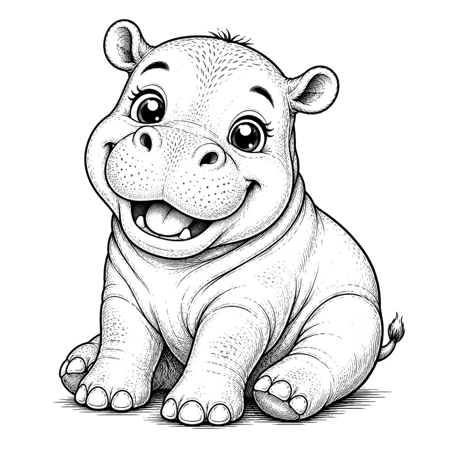 Cute Baby Hippo Illustration In Ink