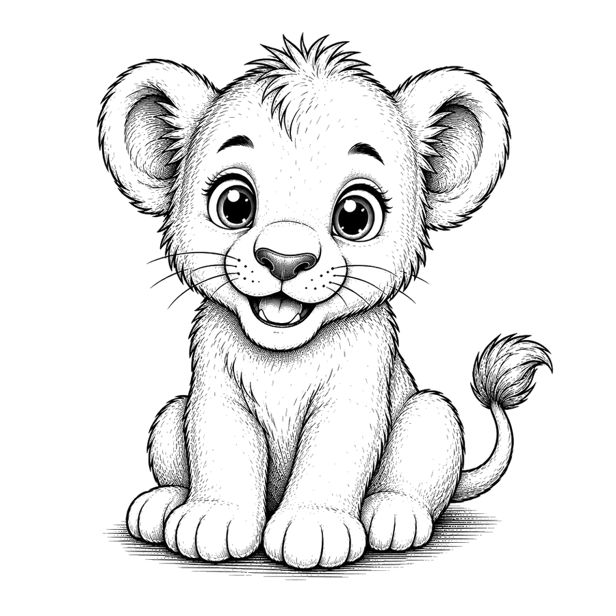 Cute Lion Cub Illustration In Ink