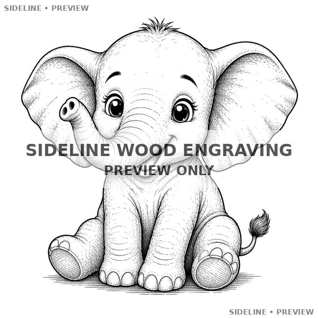 Happy Baby Elephant In Ink Illustration