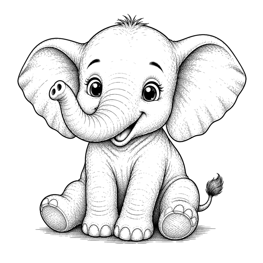 Happy Baby Elephant In Ink Illustration