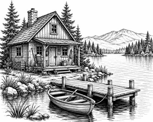 Rustic Lakeside Cabin Engraving
