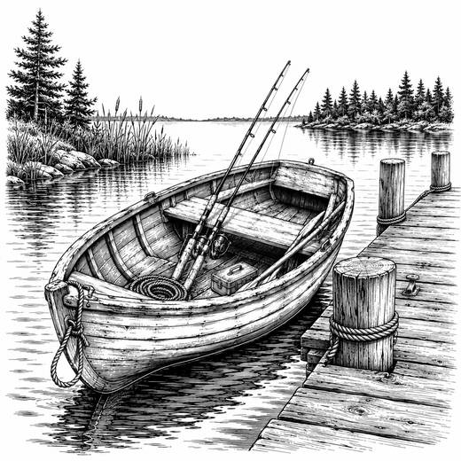 Rustic Lakeside Dock And Rowboat