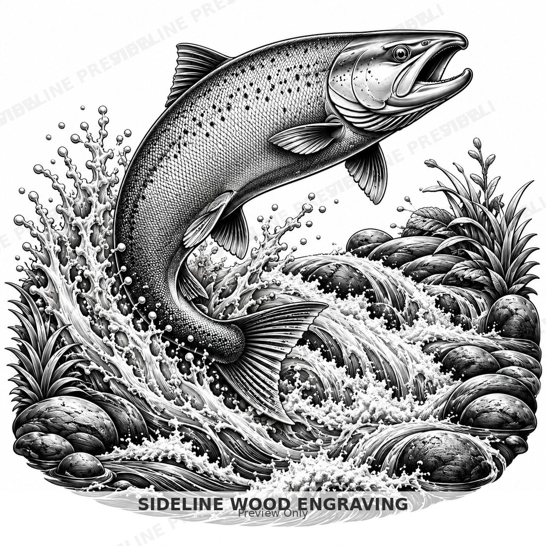 Atlantic salmon leaping beside foaming rapids