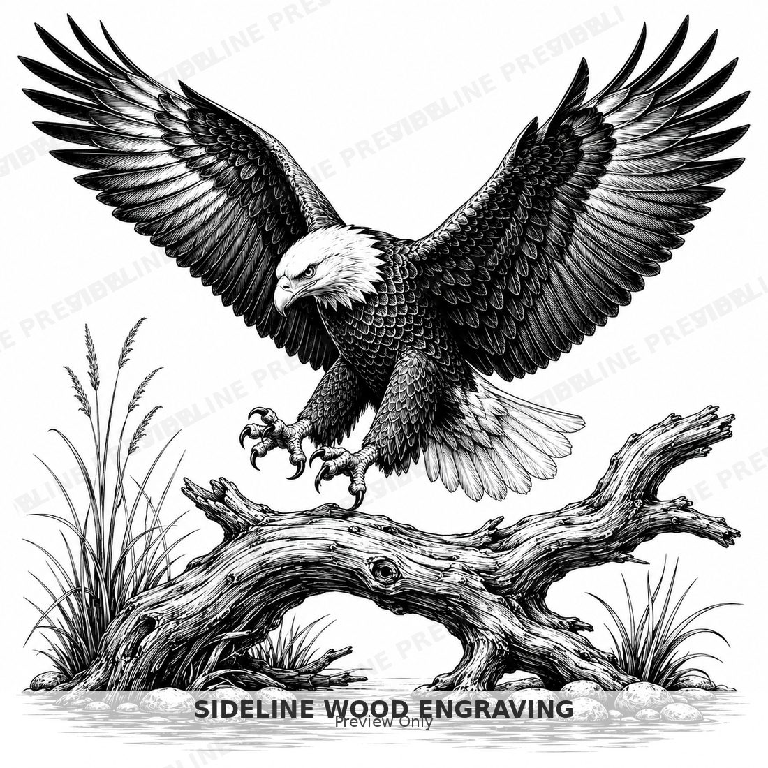 Bald eagle mid-air over driftwood