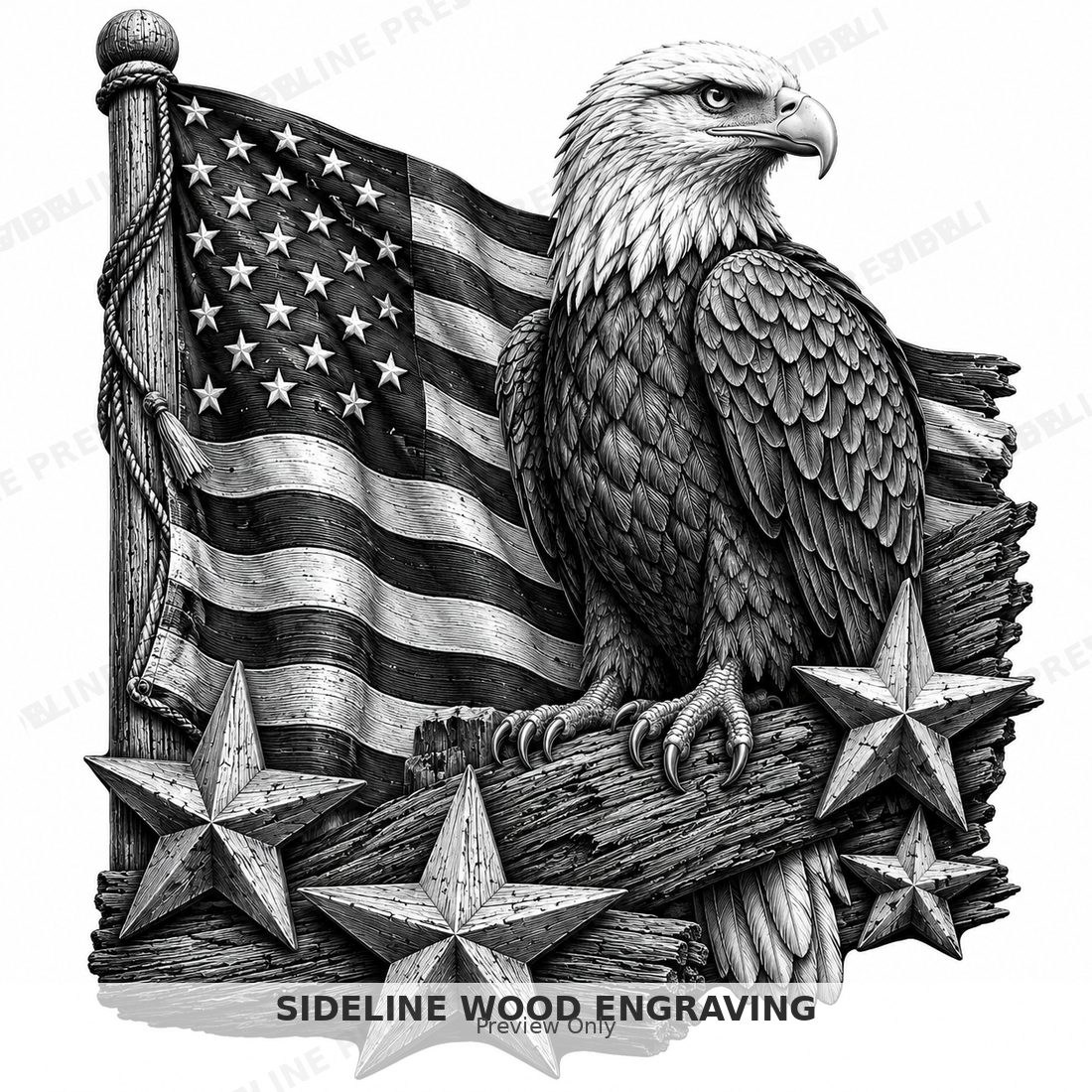 Bald eagle perched beside an American flag and rustic stars