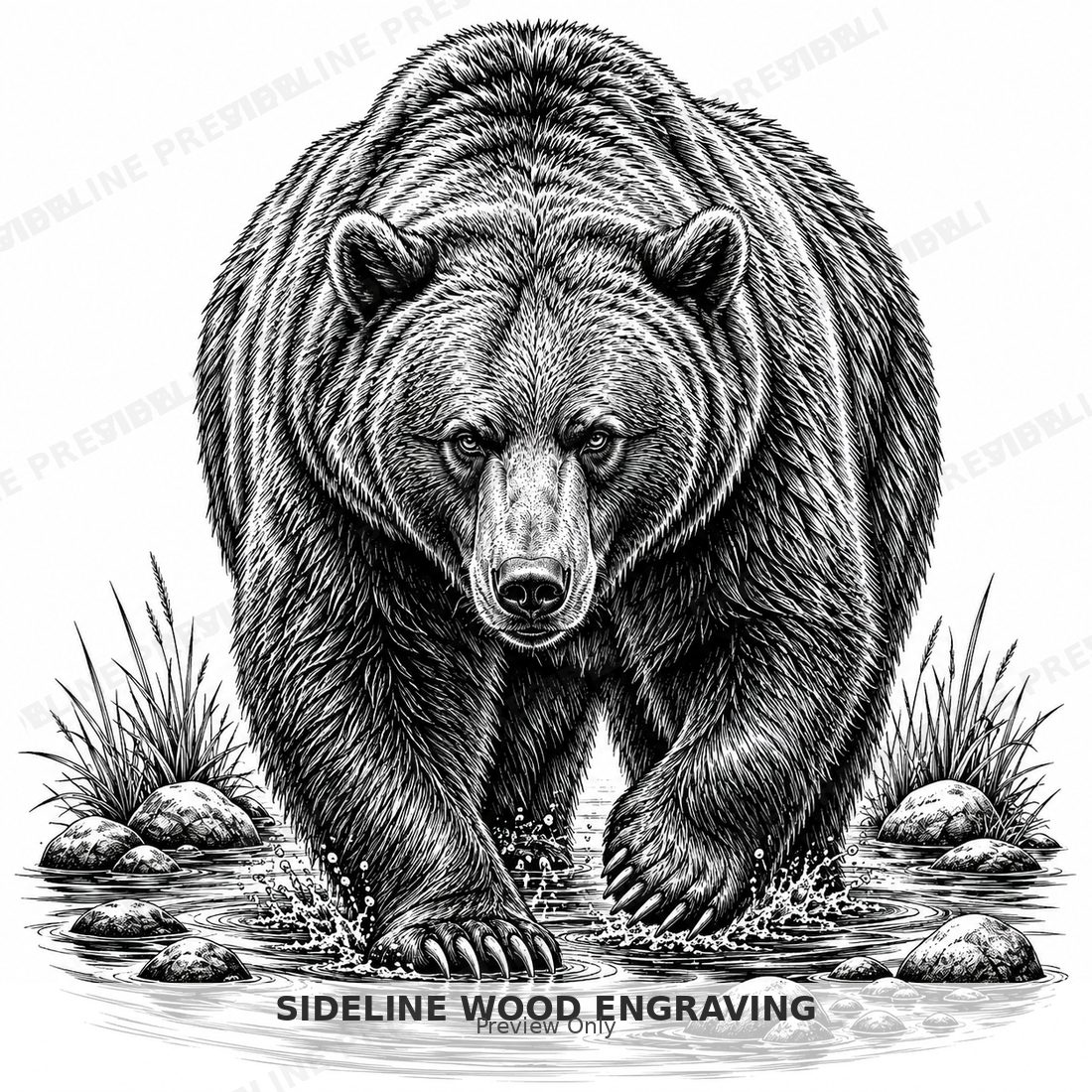 Bear in shallow stream engraving