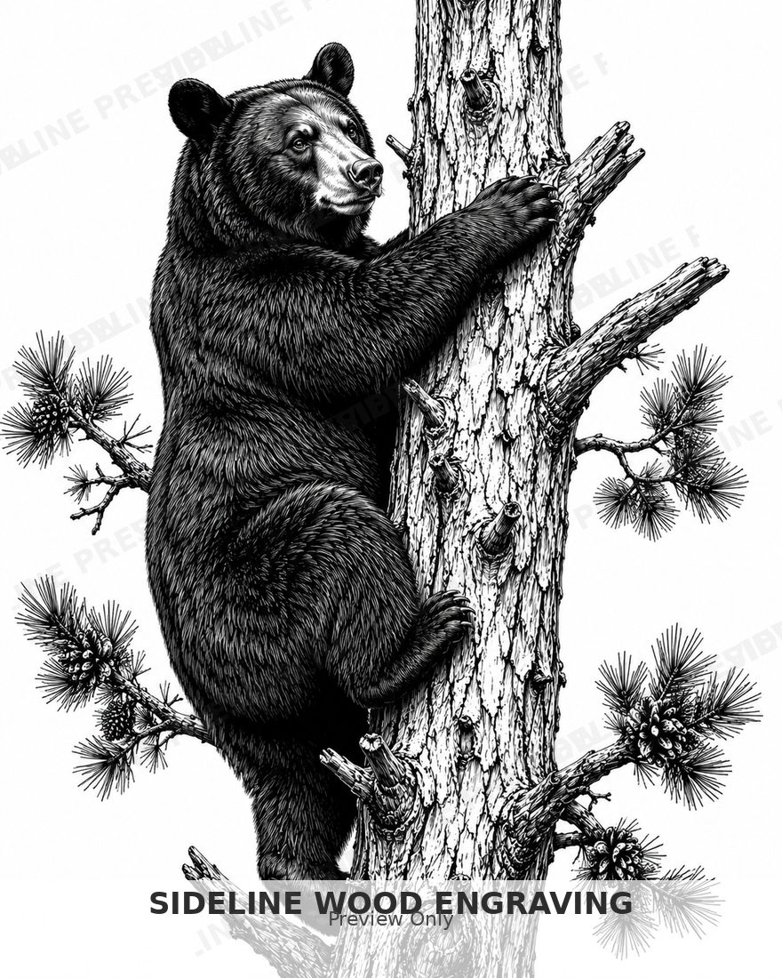 Black bear climbing pine tree