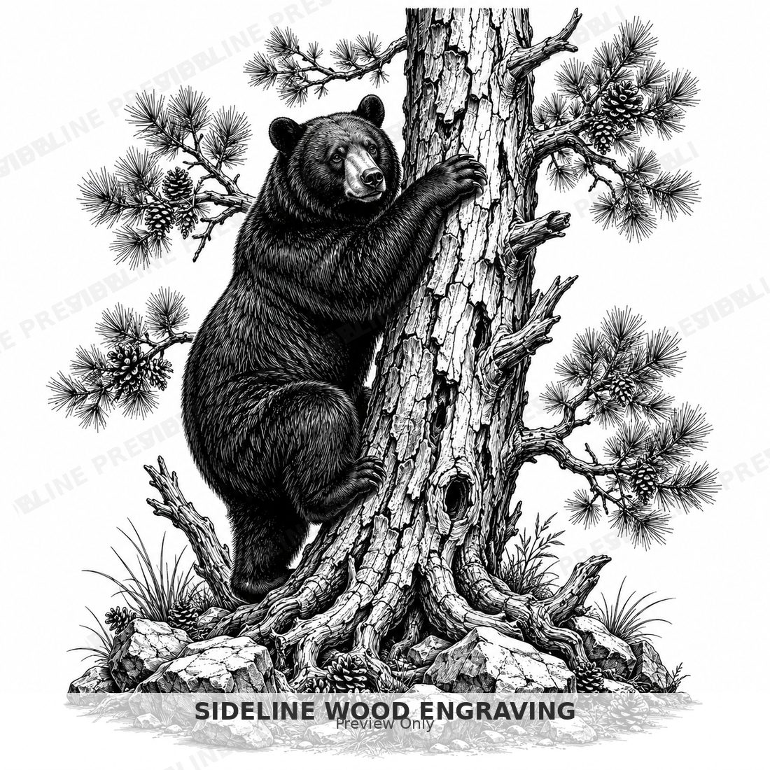 Black bear climbing rugged pine tree
