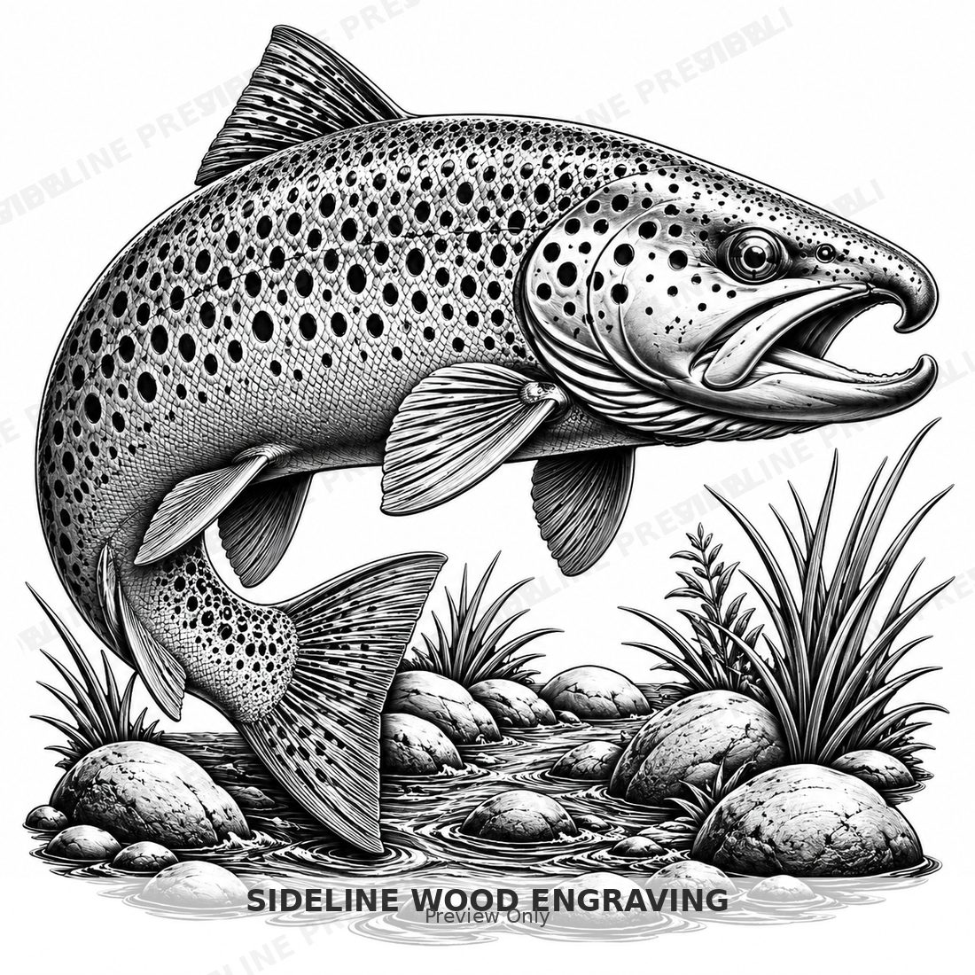 Brown trout with bold dark speckles and a hooked jaw