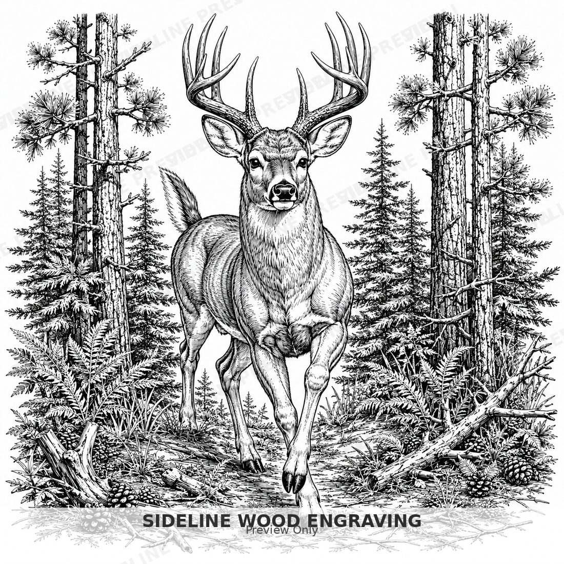 Buck emerging from a pine forest
