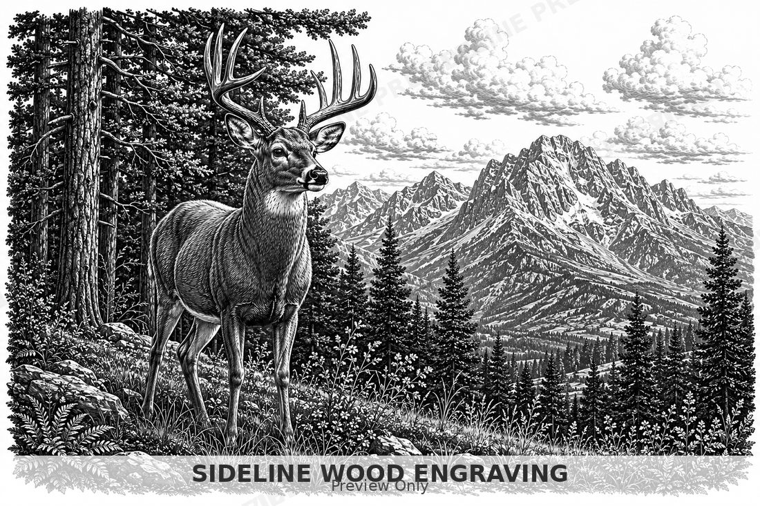 Buck standing at the edge of a pine forest with mountains behind