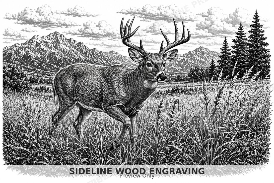 Buck walking through tall prairie grass with ears forward