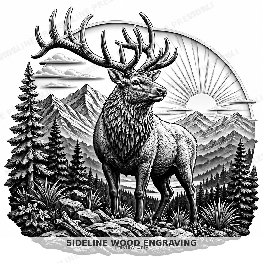 Bull elk at sunrise with pine trees and distant mountain silhouettes