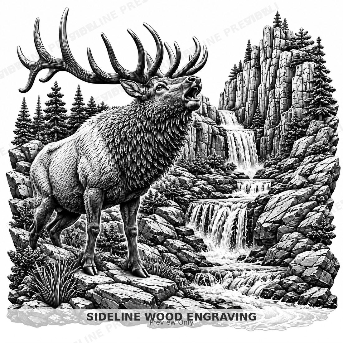 Bull elk bugling near a waterfall cascading through a rocky canyon