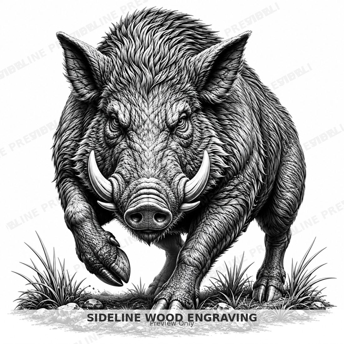 Charging wild boar in monochrome