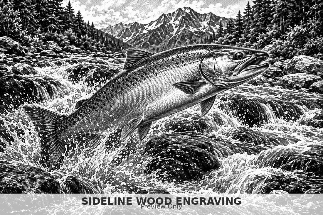 Coho salmon swimming upstream through rocky shallows