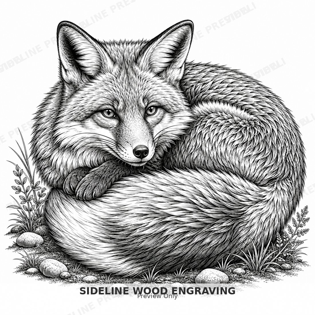 Curled fox in detailed linework