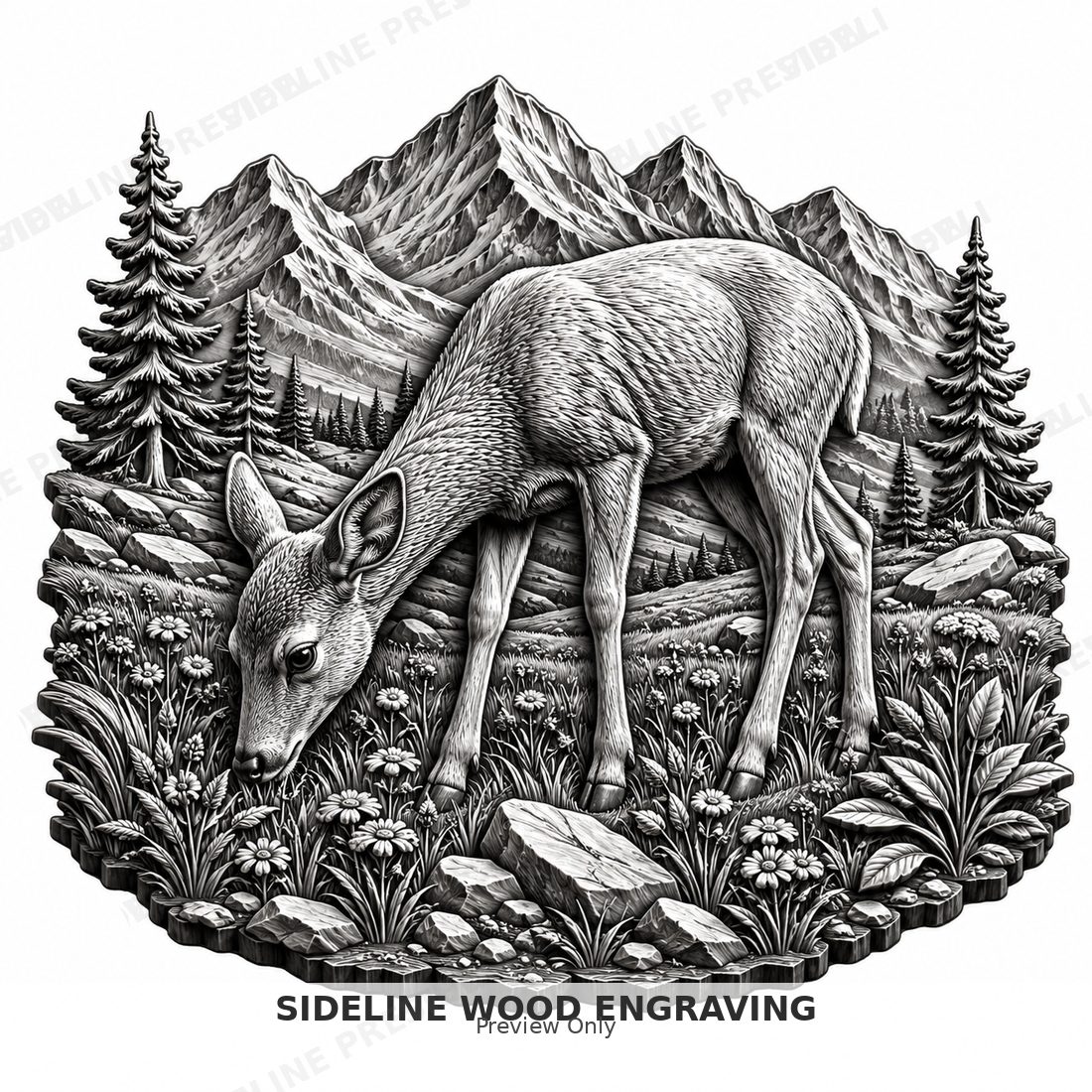 Deer grazing in an open mountain meadow with wildflowers
