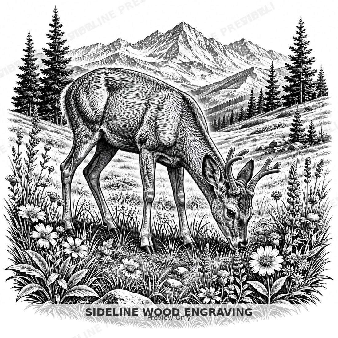 Deer grazing in mountain meadow