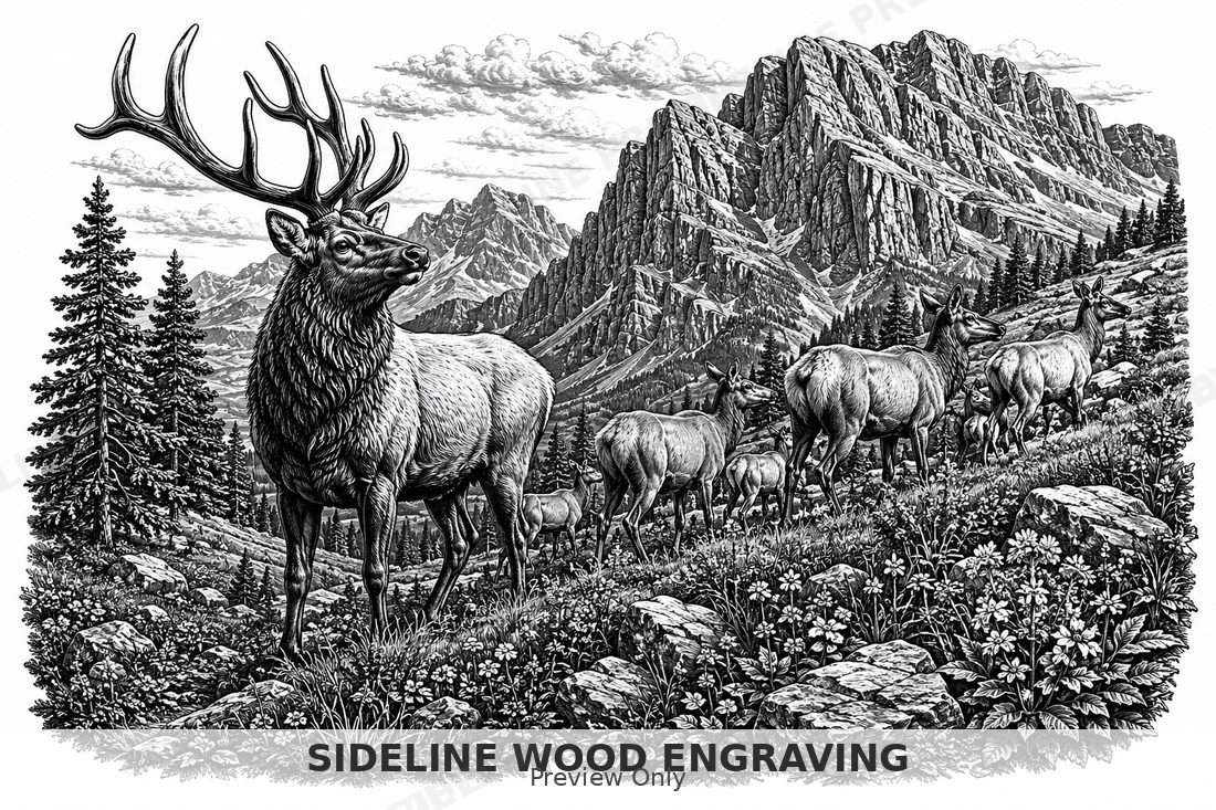 Elk herd moving across a mountain slope with rugged cliffs in the background