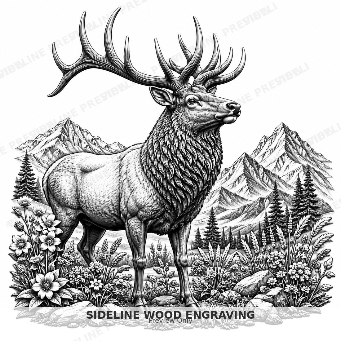 Large bull elk standing in an alpine meadow surrounded by wildflowers and distant ranges