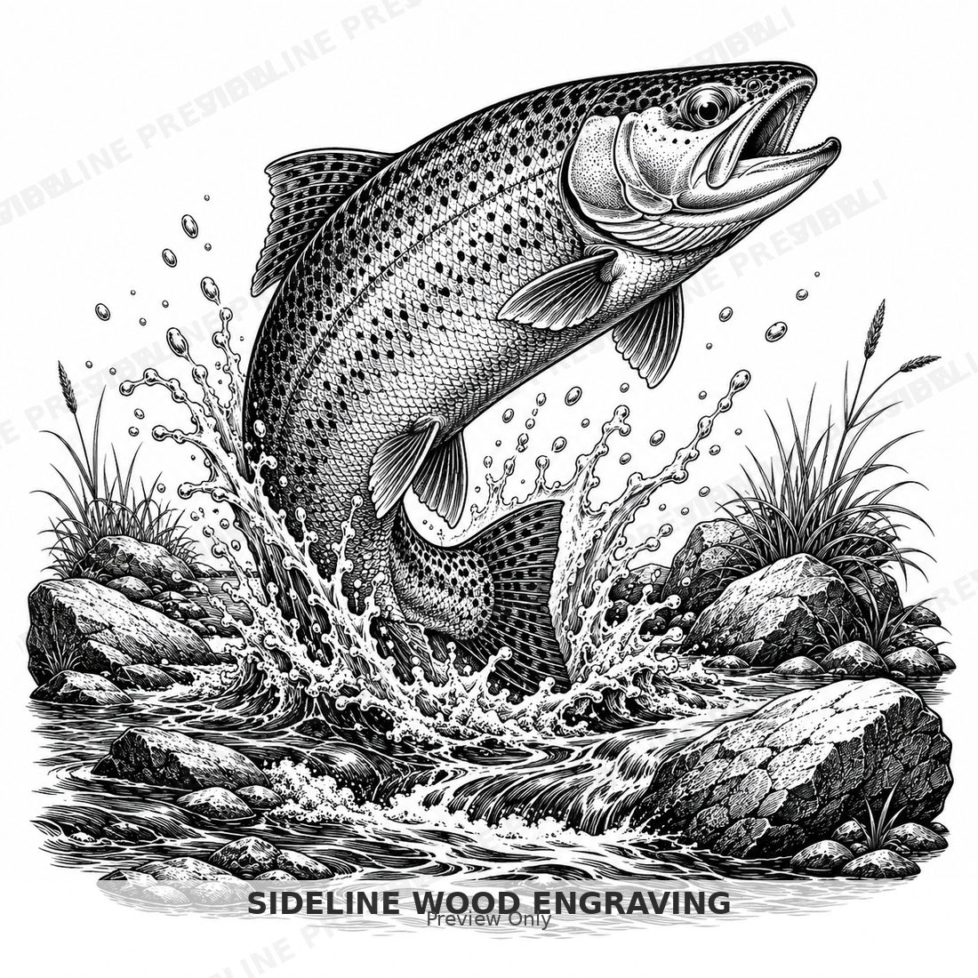 Leaping trout in swirling stream