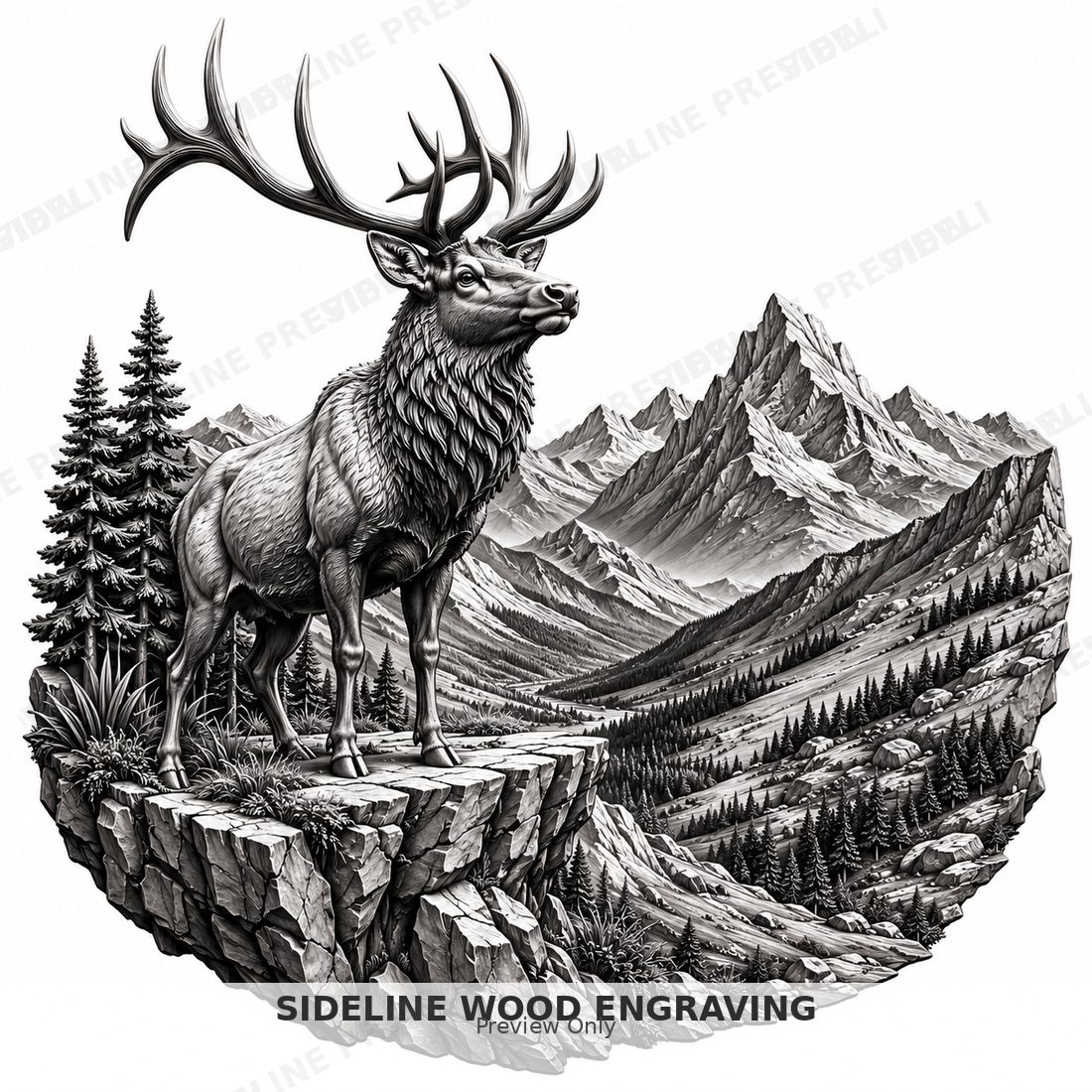 Majestic elk standing on a cliff edge overlooking a wide alpine valley