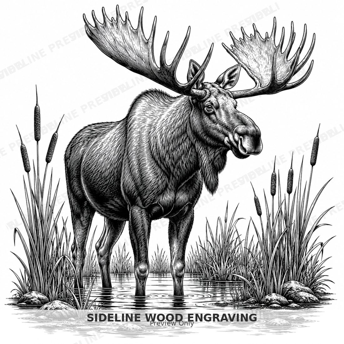Moose in a marshland engraving