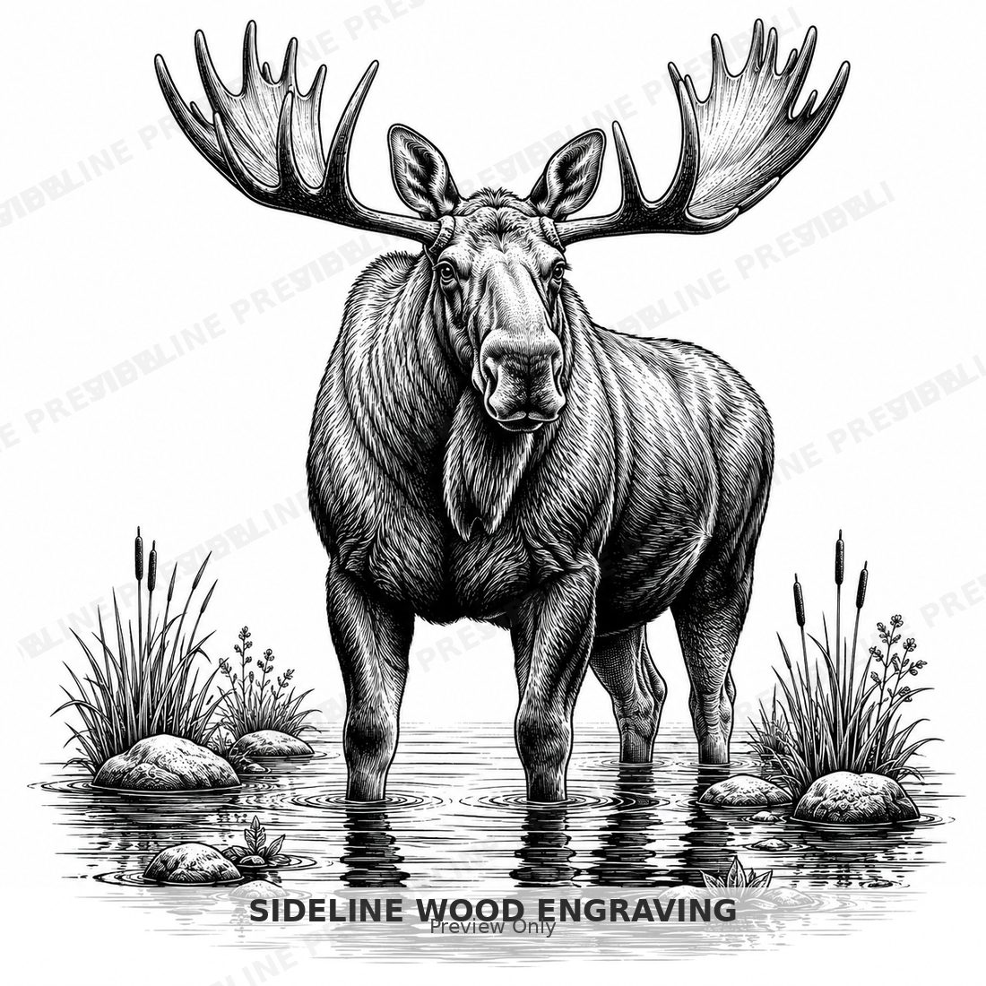 Moose in serene marsh waters