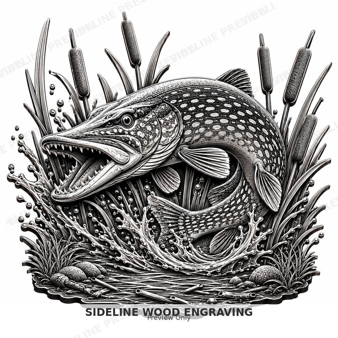 Northern pike lunging through cattails