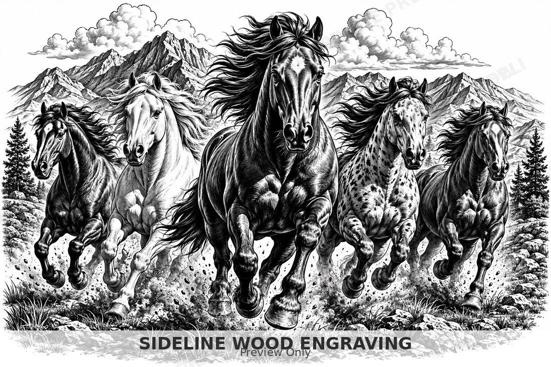 Horses charging through rugged terrain