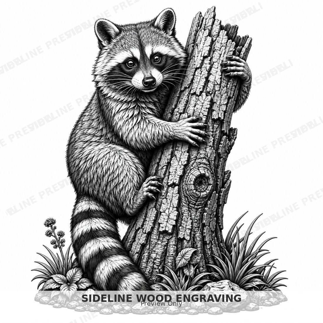 Raccoon clinging to tree trunk