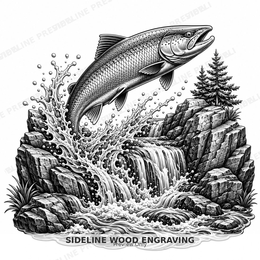 Salmon leap over cascading waterfall