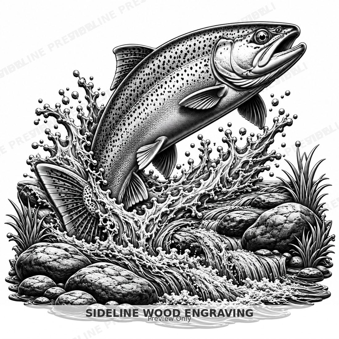 Steelhead trout breaking through rushing river water