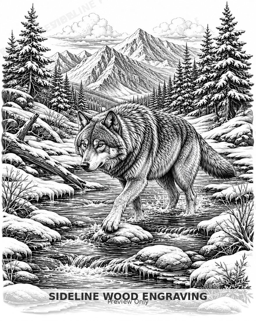Wolf crossing a winter creek